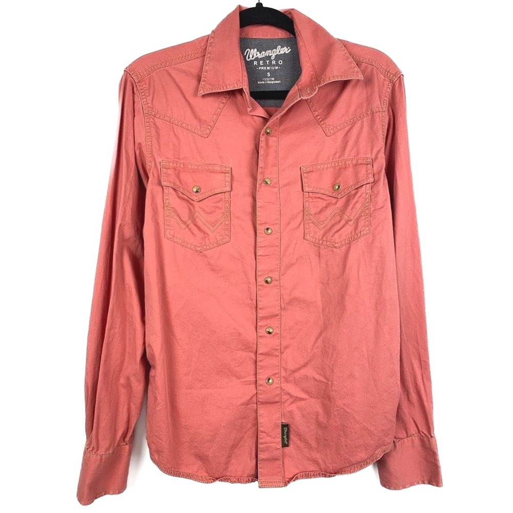 Wrangler Mens Button Up Shirt S Red Salmon Long Sleeve Pearl Snap Western Retro